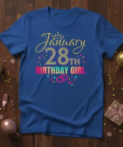 January 28th Birthday Girl t-shirt design with gold crown and colorful text "January 28th Birthday Girl"