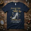 January Girl I Am Who I Am Your Approval Isn't Needed t-shirt design with crown, high heel, and butterflies