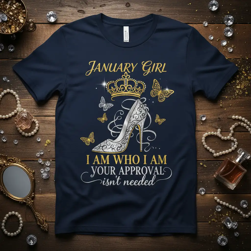 January Girl I Am Who I Am Your Approval Isn't Needed quote on a t-shirt with crown and high heel graphic
