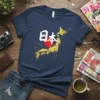 Navy t-shirt with white Japanese text "日本" and a golden map of Japan with a red sun graphic