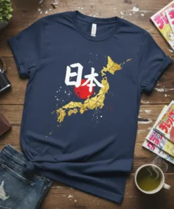 Navy t-shirt with white Japanese text "日本" and a golden map of Japan with a red sun graphic