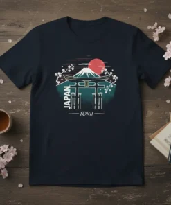 Japan Torii Gate t-shirt design with Mount Fuji, rising sun, and cherry blossoms