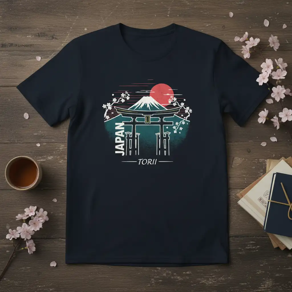 Japan Torii Gate t-shirt design with Mount Fuji, rising sun, and cherry blossoms illustration