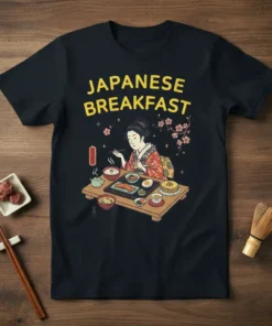 Japanese Breakfast t-shirt design featuring a geisha eating traditional Japanese breakfast with text "JAPANESE BREAKFAST" in yellow