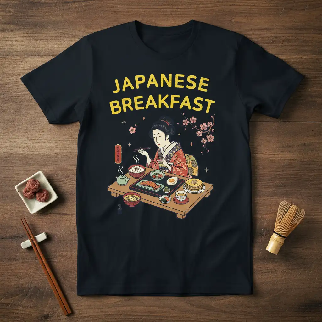 Japanese Breakfast t-shirt with illustration of a woman enjoying a traditional meal, highlighted by bold yellow text