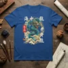 Japanese Dragon T-Shirt with 海中龍開龍 text, blue shirt, oriental art, mythical creature graphic