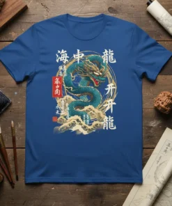 Japanese Dragon T-Shirt with 海中龍開龍 text, blue shirt, oriental art, mythical creature graphic