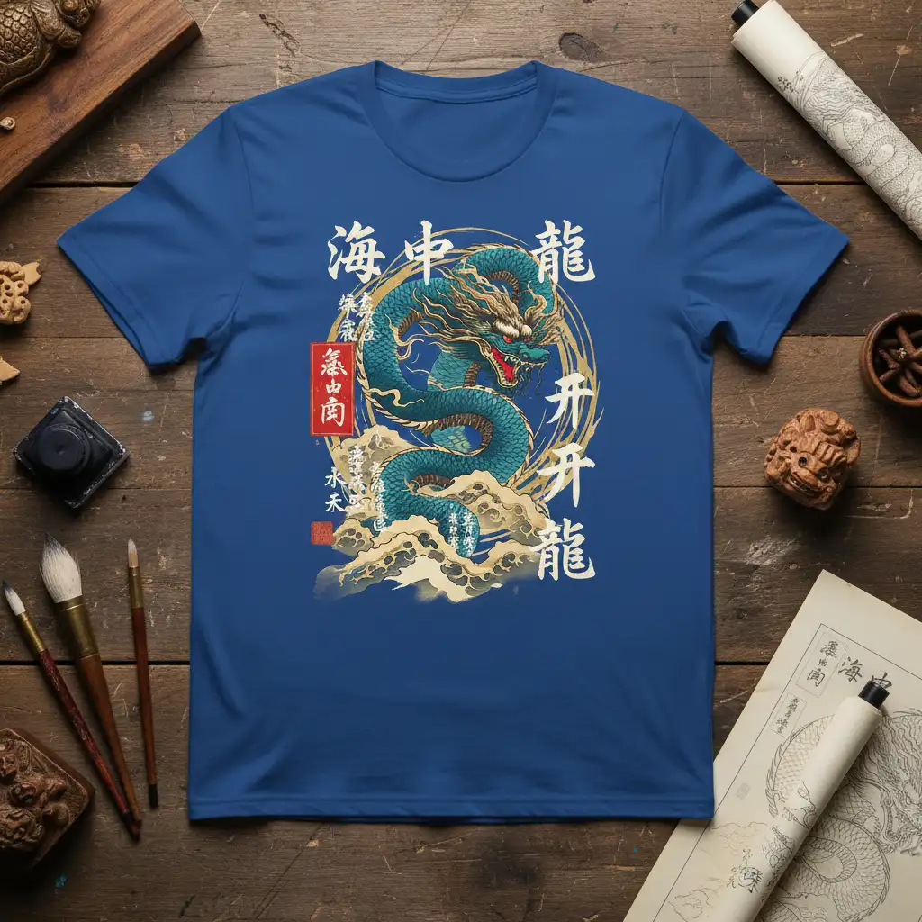 Blue t-shirt showcasing the 海中龍開龍 Japanese dragon design with intricate oriental art and clouds