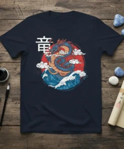 Japanese Dragon Wave T-Shirt with white kanji '竜' and a blue dragon on red sun and ocean waves