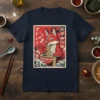 Japanese fox character eating ramen with chopsticks, text おほのへんし, anime art style, red and white wavy background