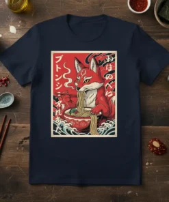 Japanese fox character eating ramen with chopsticks, text おほのへんし, anime art style, red and white wavy background