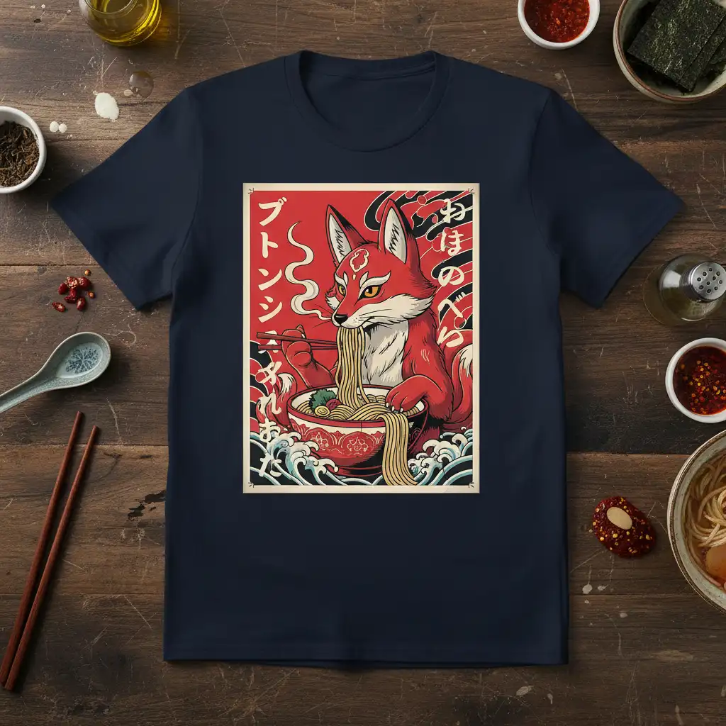 Adorable fox character eating ramen noodles with chopsticks, featuring Japanese text おほのへんし and stylized waves