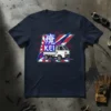 Japanese Kanji KEI Truck T-Shirt with graphic of a white mini truck and red and blue abstract design