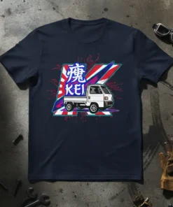 Japanese Kanji KEI Truck T-Shirt with graphic of a white mini truck and red and blue abstract design