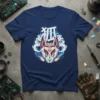 Japanese Kitsune Mask Spirit T-Shirt featuring a detailed cyberpunk fox mask with Japanese characters and electric blue accents
