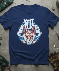Japanese Kitsune Mask Spirit T-Shirt featuring a detailed cyberpunk fox mask with Japanese characters and electric blue accents