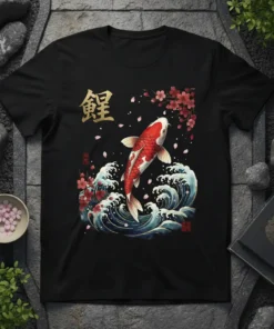 Japanese Koi fish design with golden kanji character 鯉 and cherry blossoms against stylized waves