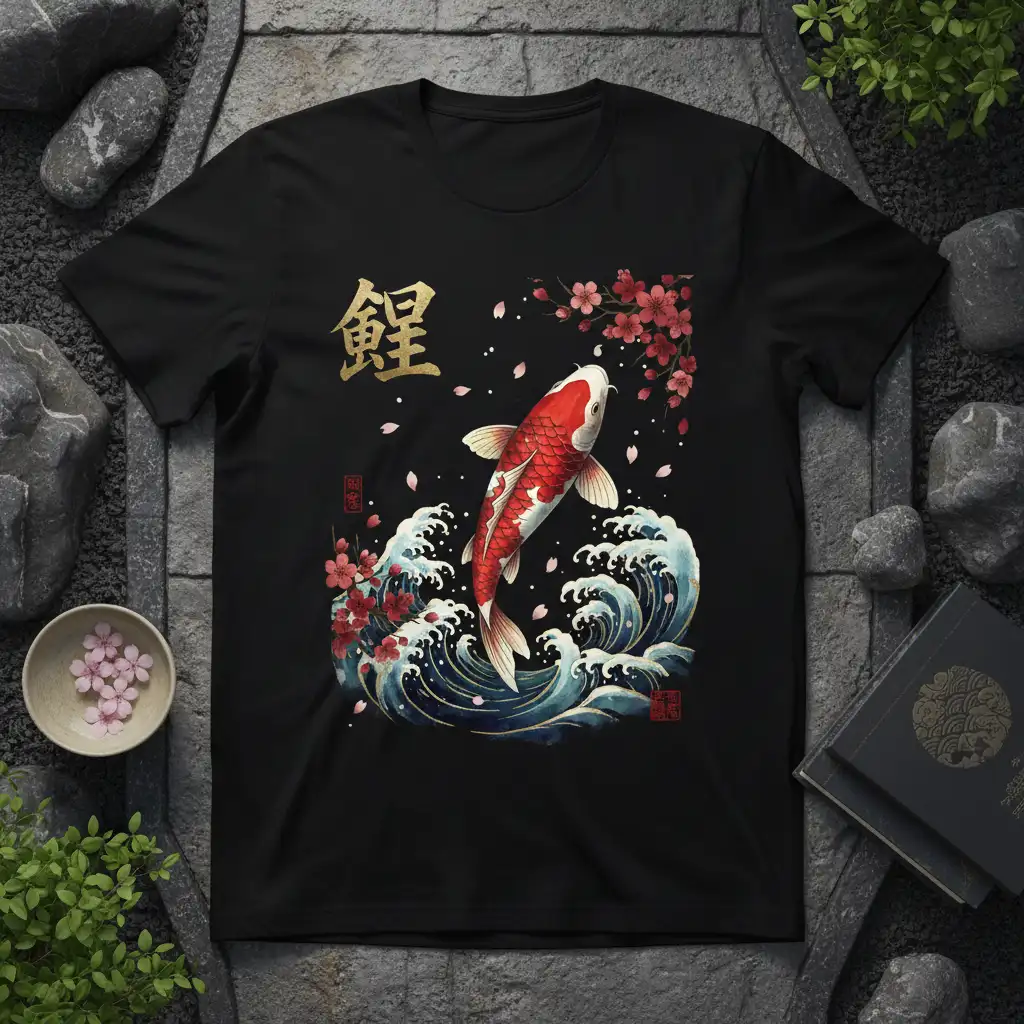 Golden Kanji character 鯉 above a dynamic Japanese Koi fish illustration with waves and cherry blossoms