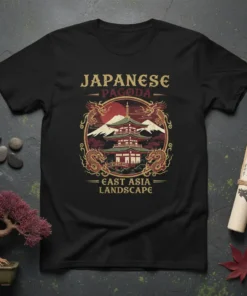 Japanese Pagoda East Asia Landscape T-Shirt with dragons and mountains graphic