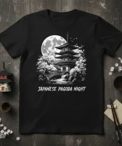 Japanese Pagoda Night t-shirt design with a detailed pagoda, full moon, and cherry blossoms