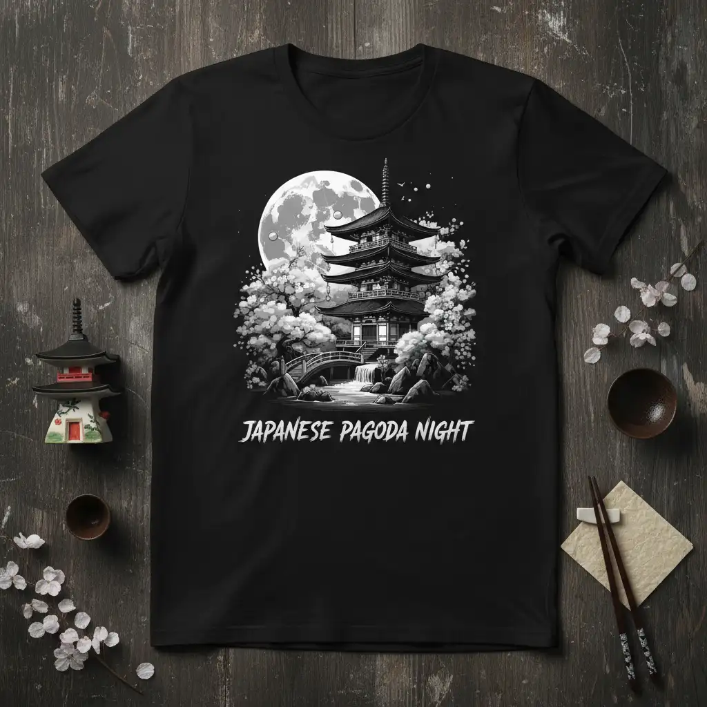 Japanese Pagoda Night illustration featuring a multi-tiered pagoda, large moon, and blossoming trees on a t-shirt