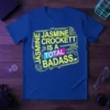 Jasmine Crockett Is A Total Badass quote t-shirt in bold yellow neon-style text with circuit board graphics