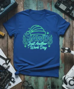 JAWD Just Another Work Day holiday t-shirt design with neon green text and Santa hat graphic