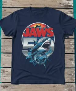 JAWS 50th anniversary t-shirt featuring the iconic shark and movie title graphic