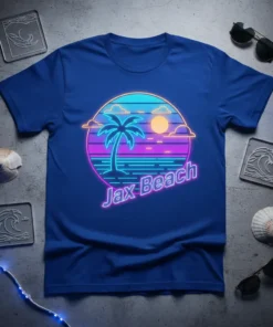 Jax-Beach text in neon pink on a retro sunset graphic with a palm tree and ocean waves, printed on a