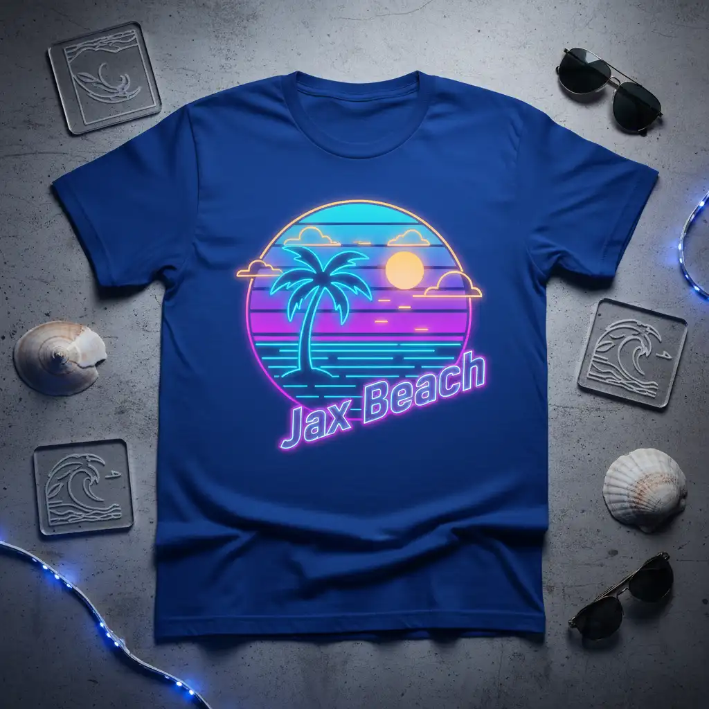 Jax-Beach neon text and retro sunset graphic on a blue t-shirt, capturing a coastal vibe
