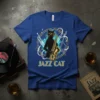Black cat wearing sunglasses playing a saxophone with musical notes and instruments, text "Jazz Cat" below