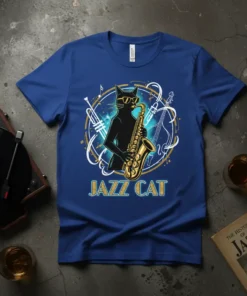 Black cat wearing sunglasses playing a saxophone with musical notes and instruments, text "Jazz Cat" below