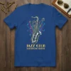 Jazz Club Saxophone Nights t-shirt featuring a vintage saxophone illustration with musical notes and colorful beams
