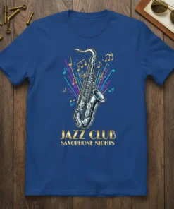 Jazz Club Saxophone Nights t-shirt featuring a vintage saxophone illustration with musical notes and colorful beams