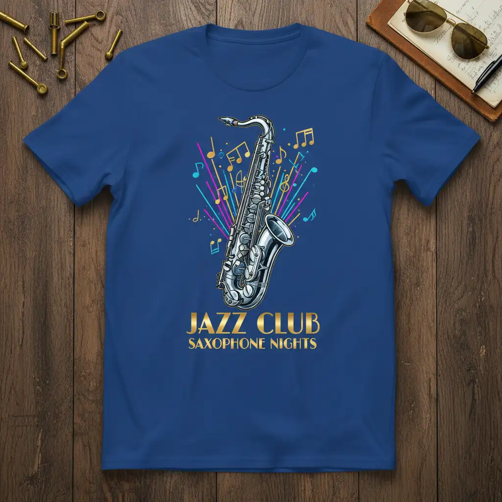 Jazz Club Saxophone Nights design with vintage saxophone and musical notes, ideal for jazz enthusiasts