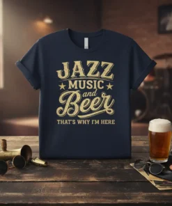 Jazz Music and Beer That's Why I'm Here text design with vintage typography on a navy t-shirt