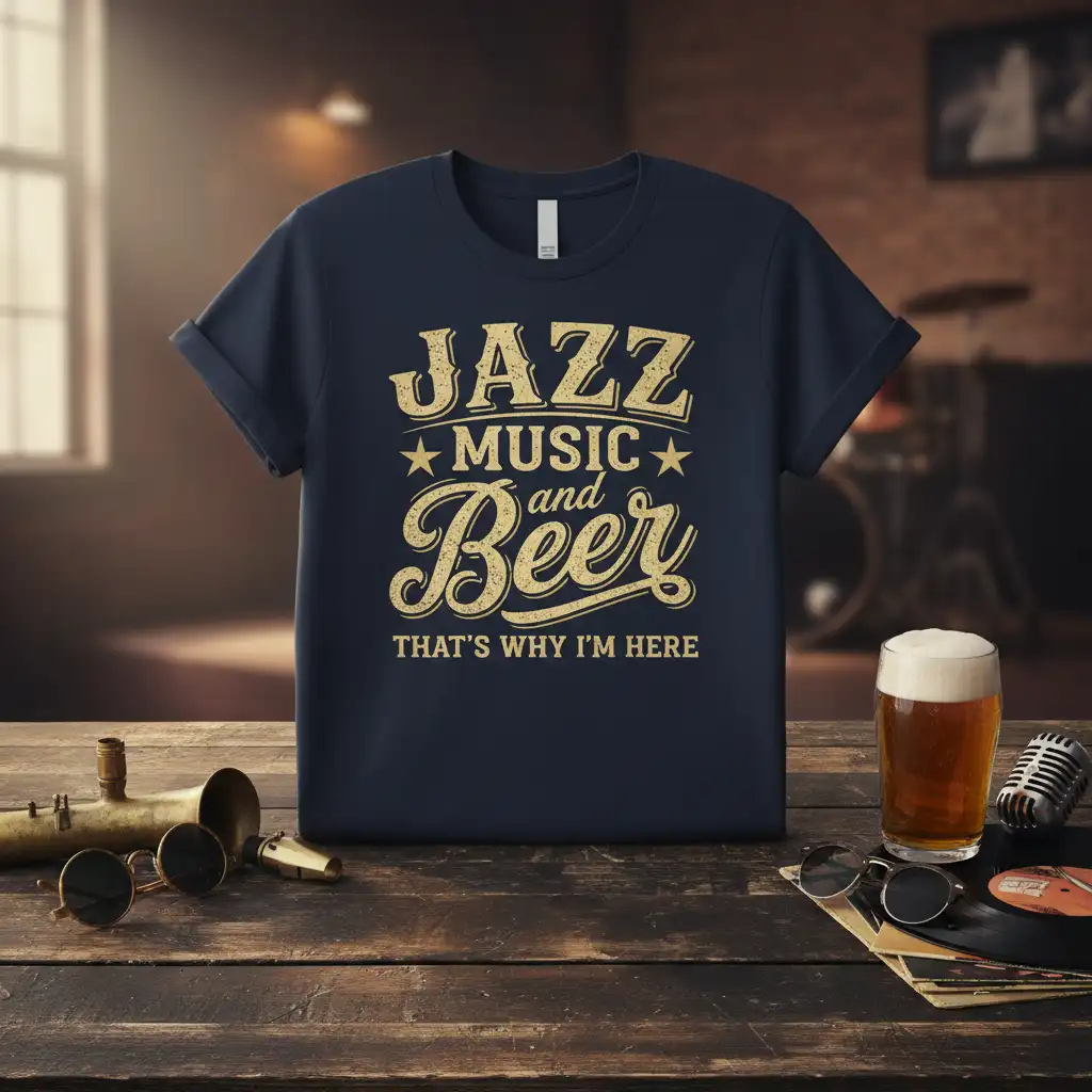 Jazz Music and Beer That's Why I'm Here quote in distressed gold font on a navy t-shirt