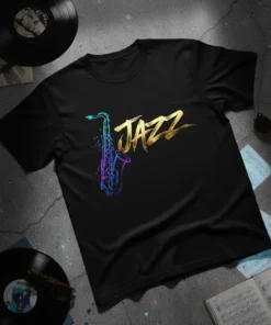 Black t-shirt with "JAZZ" in golden brushstrokes and a colorful saxophone graphic, representing Jazz Saxophone Music