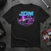 JDM Japanese Domestic Market t-shirt design with a white tuner car and neon blue JDM text