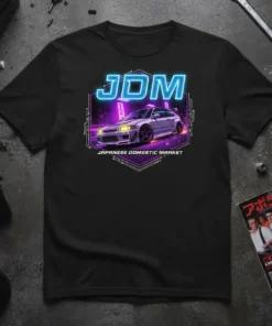 JDM Japanese Domestic Market t-shirt design with a white tuner car and neon blue JDM text