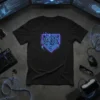 Jeffy RDO neon circuit logo on a black t-shirt, retro gaming design with blue and purple glowing lines