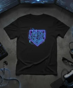 Jeffy RDO neon circuit logo on a black t-shirt, retro gaming design with blue and purple glowing lines