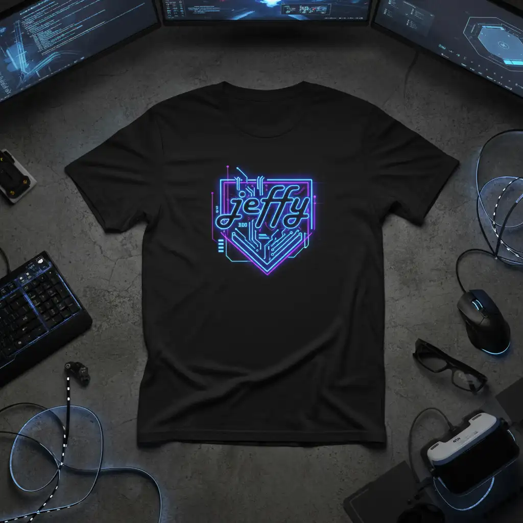 Jeffy RDO neon circuit logo design with vibrant blue and purple glowing lines on a black tee