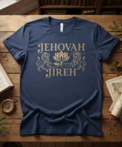 Jehovah Jireh T-Shirt design featuring golden text and lion graphics, symbolizing faith and divine provision
