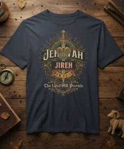 JEHOVAH JIREH GEN. 22:14 text design featuring creative typography on quality t-shirt