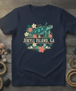 Jekyll Island GA t-shirt design featuring a sea turtle surrounded by tropical flowers and waves