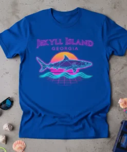 Jekyll Island Georgia retro t-shirt design with a geometric shark graphic, neon sunset, and grid waves