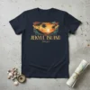 Jekyll Island Georgia retro sunset design with palm trees and ocean waves on a navy t-shirt