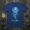 Glowing jellyfish graphic with the word JELLYFISH in neon blue text on a navy blue t-shirt