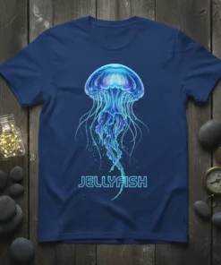 Glowing jellyfish graphic with the word JELLYFISH in neon blue text on a navy blue t-shirt